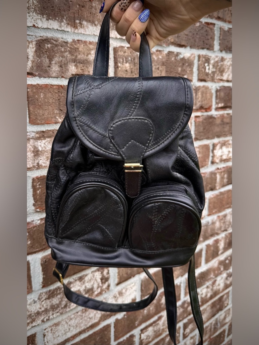 Vintage 90’s Patchwork Leather Backpack Purse Bag Black